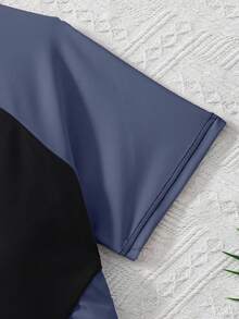 SHEIN Maiô com Recorte de Cores Preto e Rosa para Adolescentes, Manga Curta, Decote Redondo, Barra Reta, Modelo Modesto para Praia e Férias de Verão - Azul - Visão 3