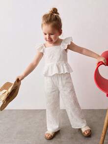 Maija Kids Young Girl Textured Jacquard Fabric Collared Ruffle Trim Top And Loose Wide Leg Pants 2 Pieces Set - White - View 5
