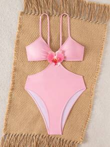 Swim Vcay Costume da bagno intero da donna con decorazioni floreali 3D e volant sulle spalline, adatto per vacanze in spiaggia, feste in piscina e feste in spiaggia - Rosa - Visualizzare 8