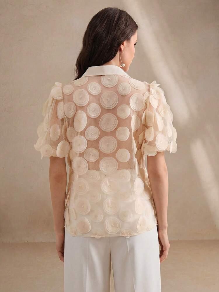 Elegant French Retro Style Apricot 3D Floral Chiffon Blouse, Versatile Hollow Out Lantern Sleeve Women Graceful Top, Short Sleeve Shirt