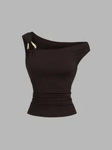 Sweetra Set de 2 camisetas ajustadas con cuello asimétrico, top casual versátil, primavera/verano - Multicolor - Ver 3