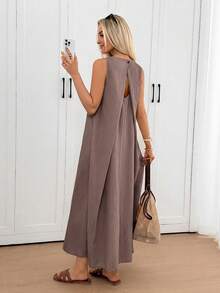 SHEIN LUNE 圆领露背褶裥纽扣不对称下摆宽松A字中长连衣裙，绉纱面料，休闲优雅的女士办公度假连衣裙，春夏款 - 淺灰紫 - 查看 4