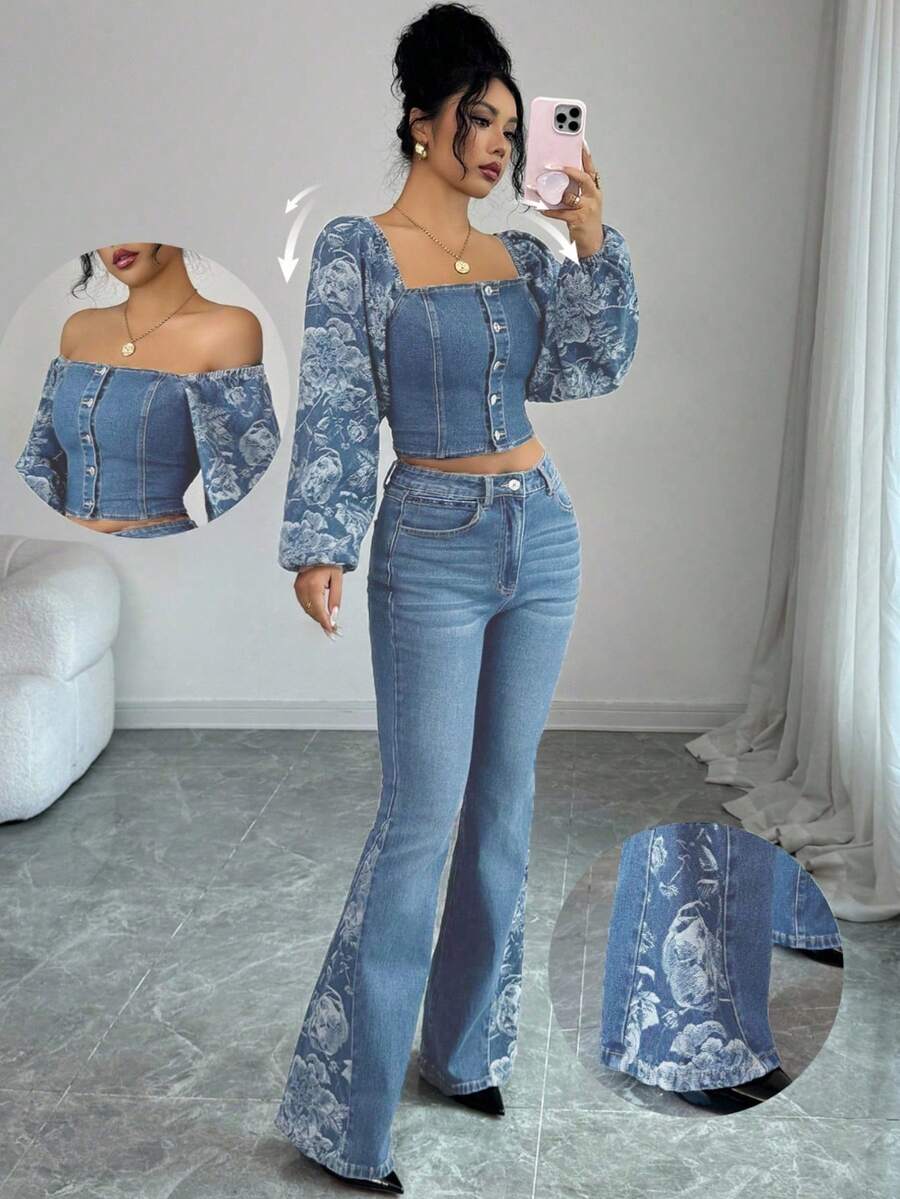 Elenzga Set de 2 piezas de conjunto de mujer de estilo denim, blusa de manga larga con hombros descubiertos y pantalones de cintura alta - Lavado ligero - Ver 1