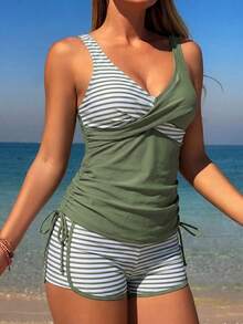 Swim Lushoire Áo bikini hai dây kiểu dáng rộng rãi, thoải mái, thích hợp cho kỳ nghỉ xuân của nữ, in họa tiết cây nhiệt đới, thích hợp cho bãi biển. - xanh quân đội - Xem 5