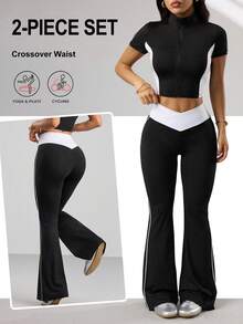 Dewbera Women's Black And White Summer Sexsy Gym Sports Yoga Suit,Short Sleeve Zip-Up Jacket,V-Shape Contrast Waistband Flared Leg Pants,Side Stripe Accent - Black - View 2