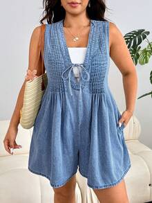 Solflare Áo liền quần denim xếp ly có dây rút dành cho nữ cỡ lớn, kiểu dáng thường ngày, thích hợp mặc hàng ngày. - Màu xanh lam - Xem 4