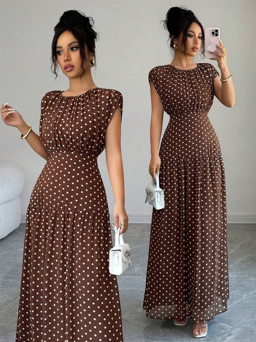 Elenzga Đầm maxi dáng chữ A thắt eo kiểu vintage dành cho nữ, họa tiết chấm bi, phong cách retro Pháp lãng mạn, phù hợp cho công sở, đi làm, kinh doanh, thường ngày, kỳ nghỉ, tiệc trà chiều, dạo phố, đơn giản và đa năng, mẫu mới Xuân/Hè. - Cà phê nâu - Xem 1