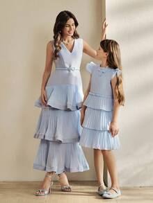 Anewsta Vestido azul de media longitud con pliegues sin mangas para niñas, vestido de volantes con lazo para primavera/verano, ropa infantil - Azul - Ver 6