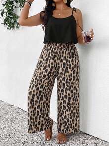 SHEIN Frenchy Bộ áo liền quần nữ cỡ lớn màu đen họa tiết da báo, thích hợp cho kỳ nghỉ hè. - Nhiều màu - Xem 4