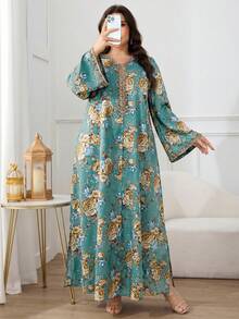 Al Najma 大码女式印花V领阿拉伯风格连衣裙 - 綠色 - 查看 3