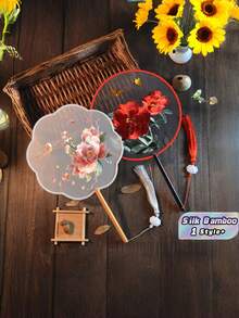 1PC Silk Bamboo Double Sided Suzhou Embroidery Floral Round Fan Classical Dance Hanfu Wedding Home Decor Party Chinese Antique - A - View 1
