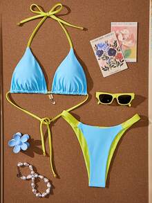Swim Mod Bộ bikini nữ mùa hè mới, thời trang đi nghỉ mát bên bờ biển, ngọt ngào, dễ thương, họa tiết chấm bi tương phản, hai mặt, kiểu buộc dây cổ sau lưng, gợi cảm. - Nhiều màu - Xem 5