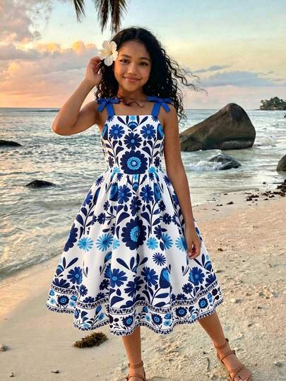 SHEIN Tween Girls' Elegant Floral Print Color Block Blue Bowknot Spaghetti Strap Blue Dress, Parties, Gatherings, Picnics, And Flattering, Spring/Summer