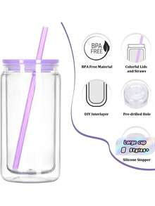 1个多色双层塑料杯，带盖和吸管，16盎司冰咖啡杯，适合DIY雪球杯，可爱的圣诞节、情人节和生日礼物，适合送给女性、男性、朋友、同事和家人。 - 彩色 - 查看 7