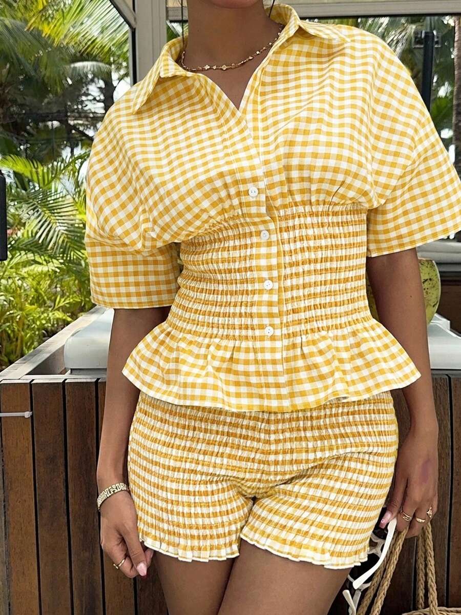MainGRL 2pcs Casual Set, Including Plaid Shirt Collar Top And Matching Elastic Waist Shorts, Yellow Plaid 2 Pieces Set, Women Short Sleeve 2 Pieces Outfit - Yellow - View 1