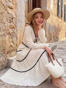Teen Girls Shirt Co-Ords 2pcs/Set Elegant French-Style Lantern Sleeve Ruffled Bowknot Dress & Skirt Fall Winter - Apricot - View 3