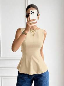 Camisa de lino sin mangas para mujer con cuello barco, estilo bohemio, con bloques de color, espalda descubierta, con lazo - Albaricoque - Ver 5