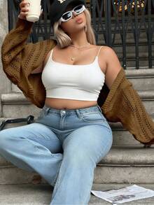 Plus Size Batwing Sleeve Hollow Out Lightweight Knit Cardigan - Brown - View 3