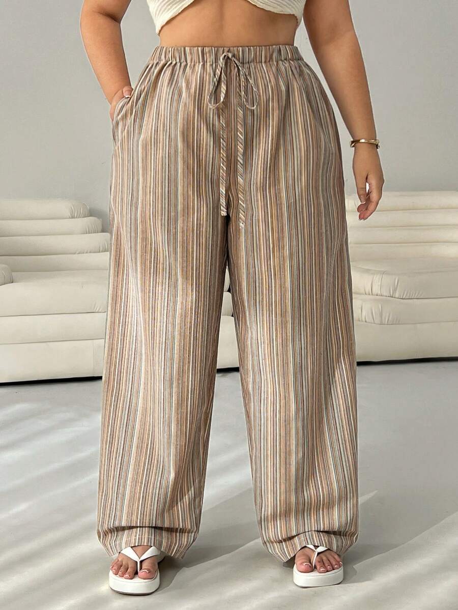 SHEIN EZwear Quần dài kẻ sọc buộc eo bằng vải lanh cotton thoải mái thường ngày cỡ lớn - Nhiều màu - Xem 1