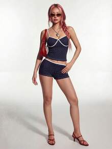 INAWLY Summer Casual Y2k Polka Dot Print Contrast Color Camisole Shorts Set Lounge Navy Blue Polka Dot - Blue - View 5