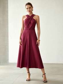 MOTF PREMIUM WOMEN'S SUMMER CROSSOVER NECK WAIST CINCHED PARTY EVENING DRESS, FOR DAILY WEAR - Red Violet - View 4