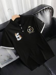 Manfinity Homme 男士撞色Polo衫，适合居家、外出和聚会穿着 - 黑色 - 查看 8