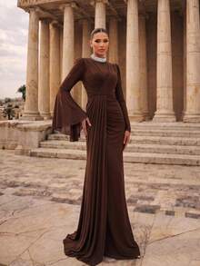 Glamrae Đầm maxi dáng đuôi cá sang trọng, chất liệu lưới co giãn cao cấp, cổ áo đính đá 3D lấp lánh, tay áo xếp ly phía trước, vạt chéo hai bên, thích hợp cho các buổi tiệc dạ hội trang trọng dành cho nữ. - Cà phê nâu - Xem 6