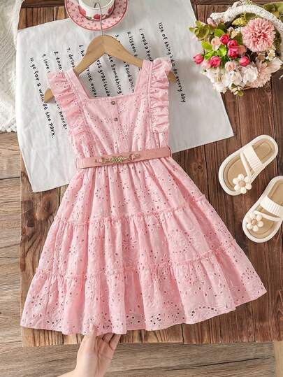 Vestido elegante de manga corta con bloqueo de color, encaje y pliegues para niña