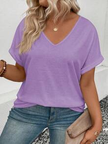 EMERY ROSE Women's Casual V-Neck Turnup Sleeve Short Sleeve All-Match Versatile Plus Size T-Shirt, Spring/Summer - Lilac Purple - View 4