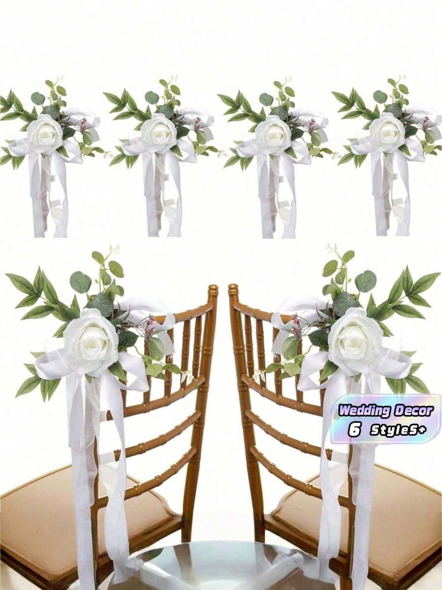 1/2/4/6/8/12 Peças Flores Artificiais Eucalipto Fitas Decoração de Cadeira de Igreja, Corredor de Casamento, Recepção Branco Verde Reutilizável para Cerimônia de Casamento, Banquete - Branco - Visão 1