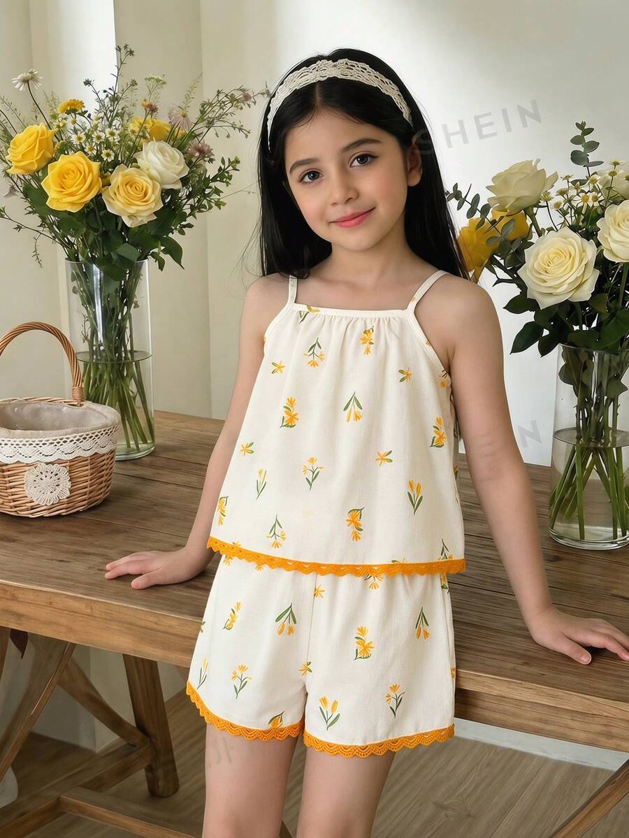 SHEIN 两件套少女碎花吊带背心和短裤套装 - 彩色 - 查看 1