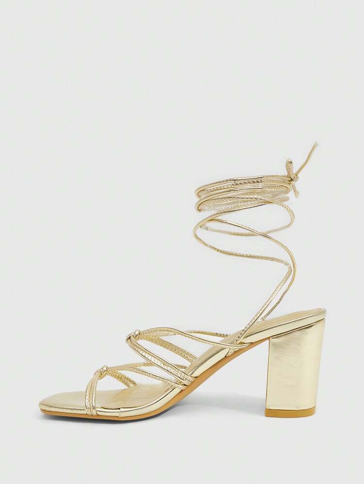 CUCCOO SZL Women Shoes Square Toe Thick High Heel Gold Strap Knotted Lace-Up Fashion Classic Comfortable Ankle Strap Sexy High Heel Sandals