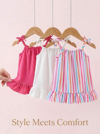 SHEIN Bộ 3 món váy đầm bé gái kiểu dáng bèo nhún, buộc dây vai, thích hợp mặc hàng ngày, đi chơi, nghỉ mát.