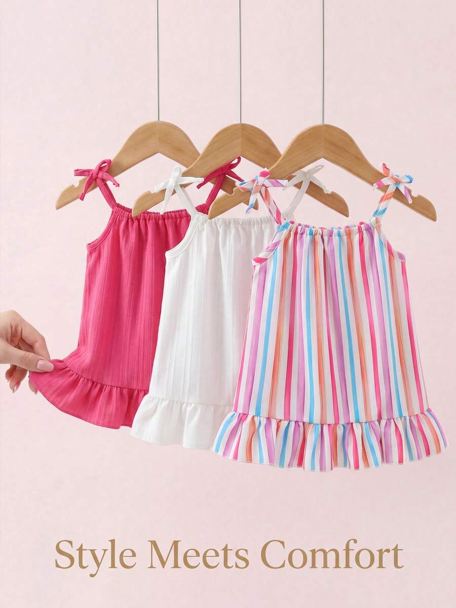 SHEIN 3件套女婴荷叶边肩带休闲连衣裙套装，适合日常穿着、户外活动和度假。