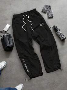 Sport MetroGents Pantalones deportivos para hombre con estampado de letras y cintura con cordón, para gimnasio - Negro - Ver 4