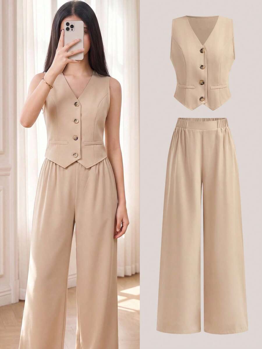SHEIN Girlism 儿童夏季套装，少女休闲时尚通勤装，无袖V领西装外套搭配阔腿直筒裤两件套，适合夏季返校、夏季休闲、通勤、度假、晚餐、约会等场合。返校两件套，无袖马甲搭配阔腿裤，米色马甲套装，女士裤装套装。 - 卡其色 - 查看 1