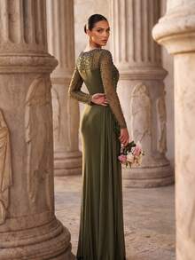 Elegant Luxury Pearl Rhinestone Design Sheer Long Sleeve Elastic Knit Ruched Mermaid Dress, Suitable For Wedding, Party, Vacation, Bride, Mother Of The Bride, Evening Gown - Army Green - View 3