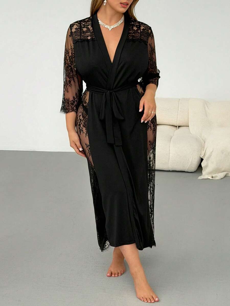 Plus Contrast Eyelash Lace Belted Robe Without Lingerie, Cozy And Elegant Details, Fall & Winter - Black - View 1
