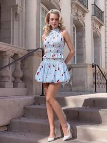 SHEIN Glamour Vacation Style Cherry Print Ruffle Halter Neck Camisole + Loose A-Line Casual Mini Skirt 2-Piece Set - Blue - View 6