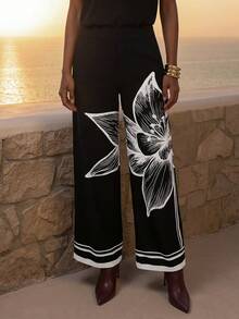 CAJUNI Women Flower Printed Wide-Leg Elegant Pant - Black - View 3