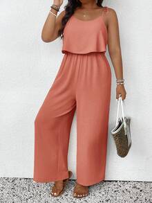 SHEIN Frenchy Plus Size Casual Vacation Textured Solid Color Jumpsuit - Pink - View 1