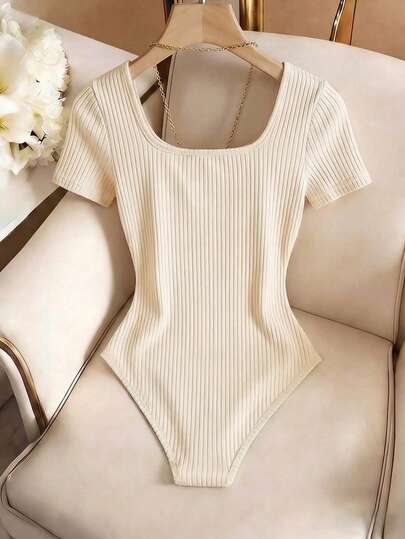 Franclia Elegant Women's Square Neck Knit Bodysuit,Light Beige,Summer,Casual,Everyday Short-Sleeved Business Office Wear,Formal Graduation Season Attire