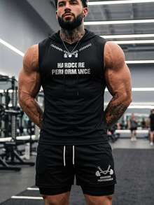 GymBeat Bộ đồ thể thao mùa hè thoải mái gồm áo hoodie và quần short không tay có dây rút, kiểu dáng thường ngày. - màu đen - Xem 1