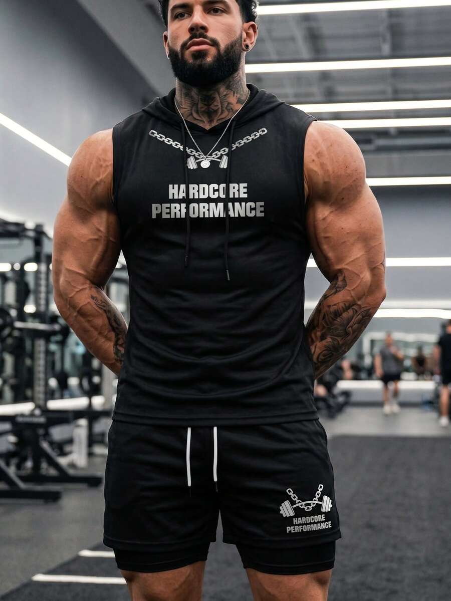 GymBeat Bộ đồ thể thao mùa hè thoải mái gồm áo hoodie và quần short không tay có dây rút, kiểu dáng thường ngày. - màu đen - Xem 1
