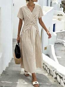 Wandoria Robe longue d'été pour femmes, nouvelle, abricot, rayée, patchwork, col en V, manches courtes, taille avec torsion élastique froncée, style évasé. Robe de plage vintage minimaliste, polyvalente et élégante. - Nude - Voir 4