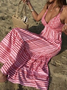 Franclia Elegant And Casual Women's Vacation Dresses V-Neck Dresses With Crisscross Straps At The Back And Full Skirts Romantic Floral Vacation Dresses Spring Summer Autumn And Winter Dresses For Women Dresses For Outings Summer Dresses For Dates And Vacations Elegant And Casual Vacation Dresses Elegant Dresses Casual Dresses Vacation Dresses Country Dresses Ruffle Dresses Flower Dresses Festival Dresses Beach Dresses Pink Dresses - Multicolor - View 7