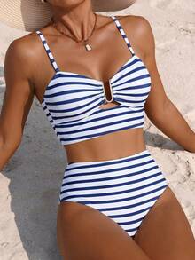 Swim Lushoire Bộ bikini cạp cao hình chữ U kẻ sọc xanh trắng, kiểu tankini gợi cảm với phần xếp ly, thích hợp cho nữ, đi nghỉ mát và spa. - Xanh và trắng - Xem 3