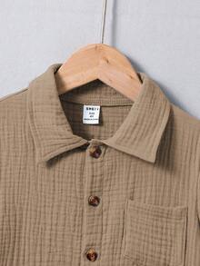 SHEIN Bộ 2 món áo sơ mi ngắn tay và quần short cotton tối giản dành cho bé trai, thích hợp mặc hàng ngày, đi học, đi chơi, nghỉ xuân/hè, du lịch, thư giãn, tắm nắng. - Màu nâu  Mocha - Xem 5