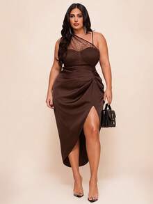 SHEIN BAE Vestido negro de malla con abertura y drapeado para mujer de talla grande - Marrón - Ver 8