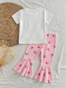 SHEIN Vintaside Kids 女婴夏季圆领短袖印花简约时尚T恤搭配百搭休闲裤套装，适合日常休闲、海滩玩耍或公园散步。 - 白色 - 查看 3